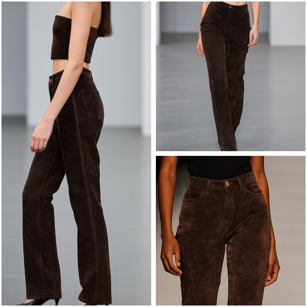 Chico's Suede Brown 100% Leather Women's Pants Size 25 Seam Detailing